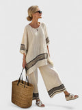 Women's Two-Piece Set with Striped Trim and Wide Sleeves - Black Stripe