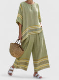 Women's Two-Piece Set with Striped Trim and Wide Sleeves - Green