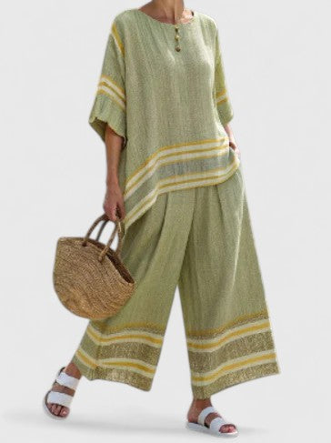 Women's Two-Piece Set with Striped Trim and Wide Sleeves - Green