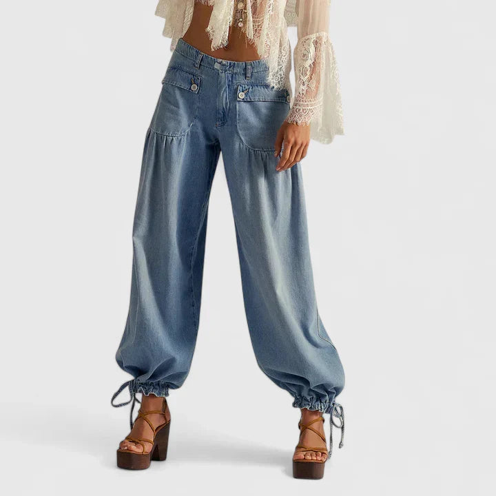 Women's Trousers Wide Leg with Pleated Pockets and Tied Cuffs - Light Blue