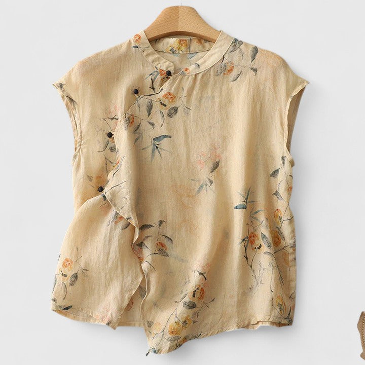 Women's Sleeveless Top with Floral Print and Mandarin Collar - Beige