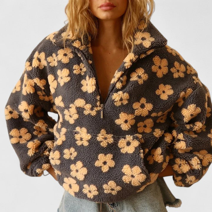 Women's Jumper Long Sleeve with Half-Zip and Floral Print - Yellow