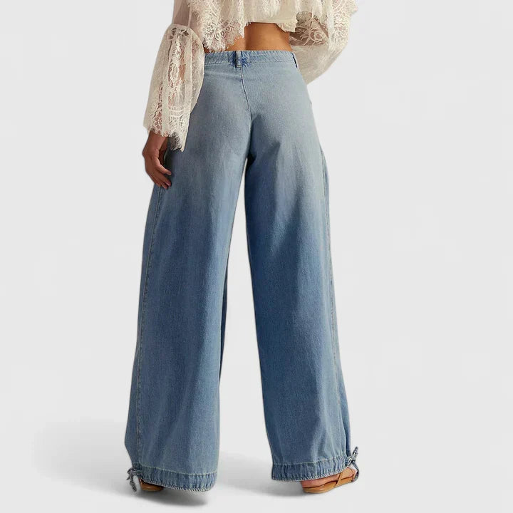 Women's Trousers Wide Leg with Pleated Pockets and Tied Cuffs - 2