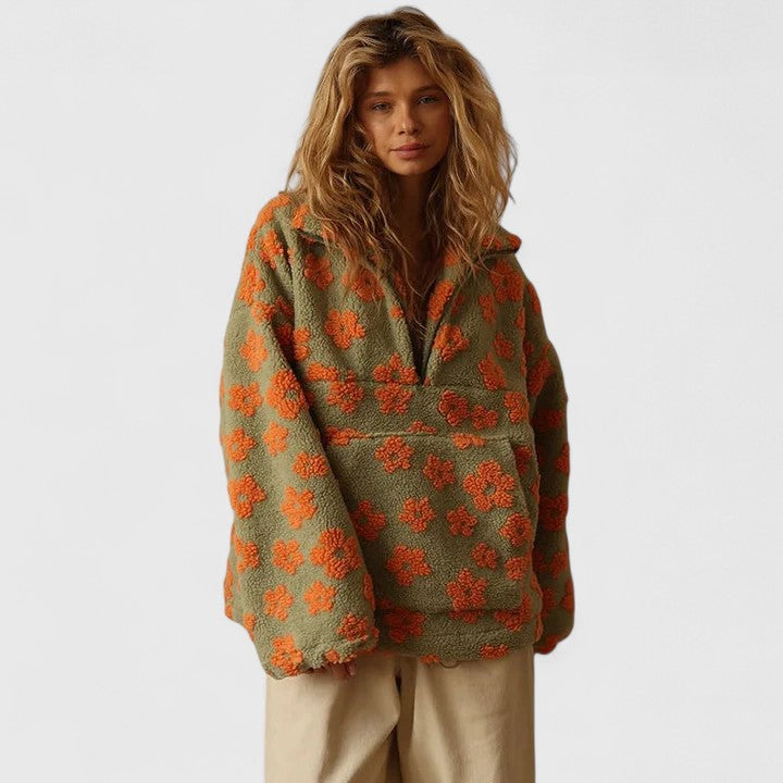 Women's Jumper Long Sleeve with Half-Zip and Floral Print - Orange
