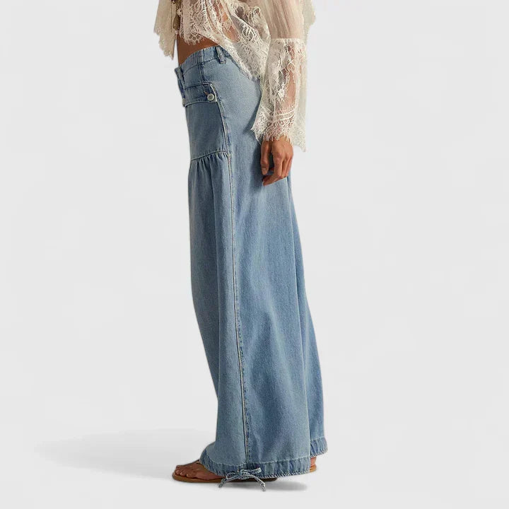 Women's Trousers Wide Leg with Pleated Pockets and Tied Cuffs - 3