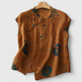 Women's Sleeveless Top with Floral Print and Mandarin Collar - Brown