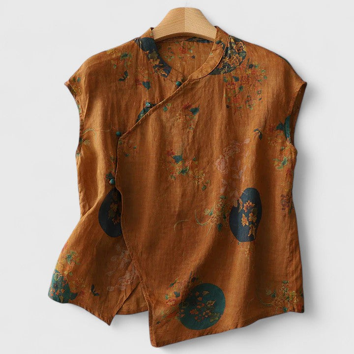 Women's Sleeveless Top with Floral Print and Mandarin Collar - Brown