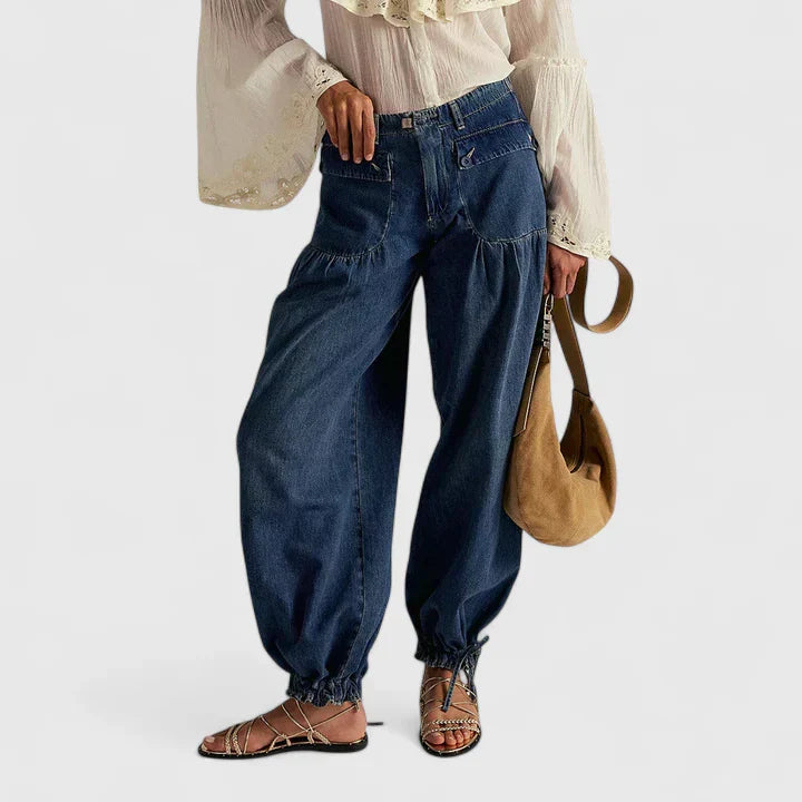 Women's Trousers Wide Leg with Pleated Pockets and Tied Cuffs - Dark Blue