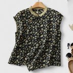 Women's Sleeveless Top with Floral Print and Mandarin Collar - Black