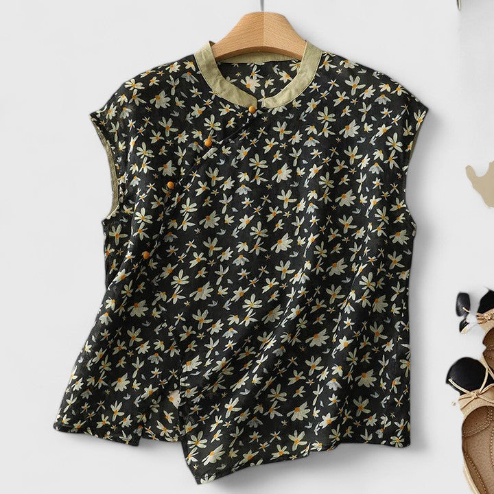 Women's Sleeveless Top with Floral Print and Mandarin Collar - Black