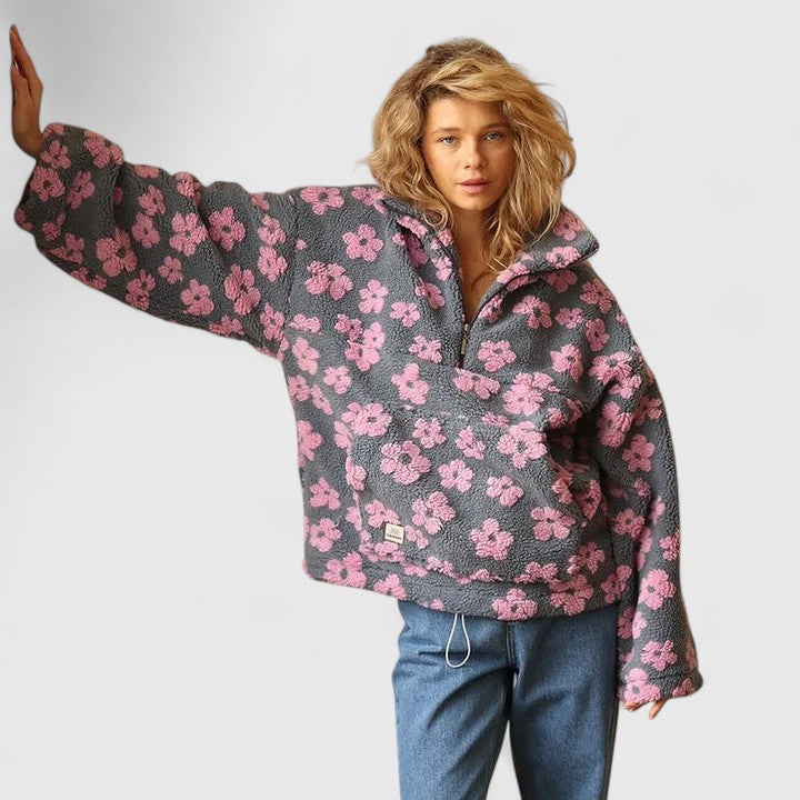 Women's Jumper Long Sleeve with Half-Zip and Floral Print - Pink