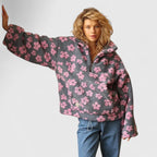 Women's Jumper Long Sleeve with Half-Zip and Floral Print - Pink