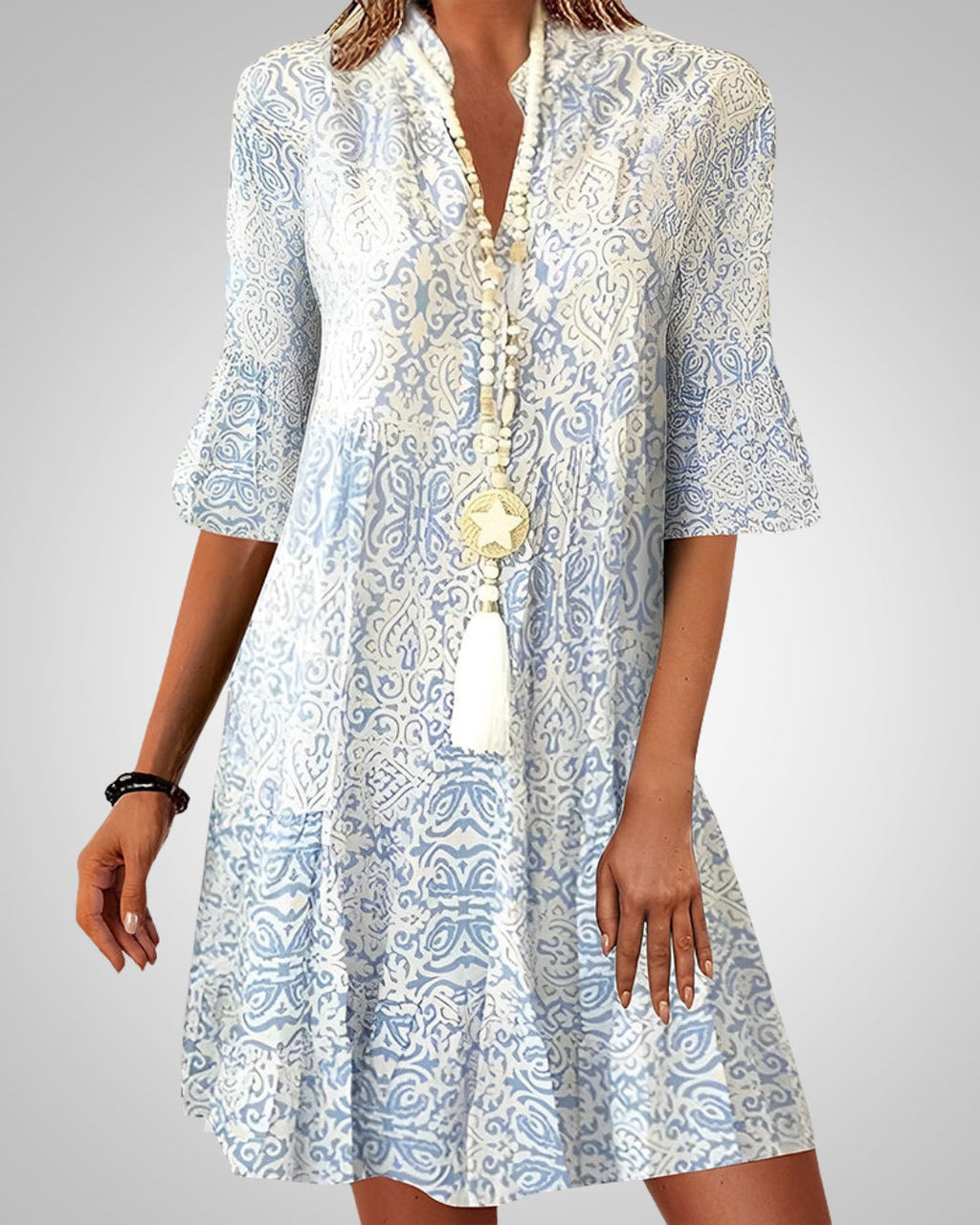 Women's Boho Print Dress with Flared Sleeves and V-Neck - Blue