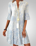 Women's Boho Print Dress with Flared Sleeves and V-Neck - Blue