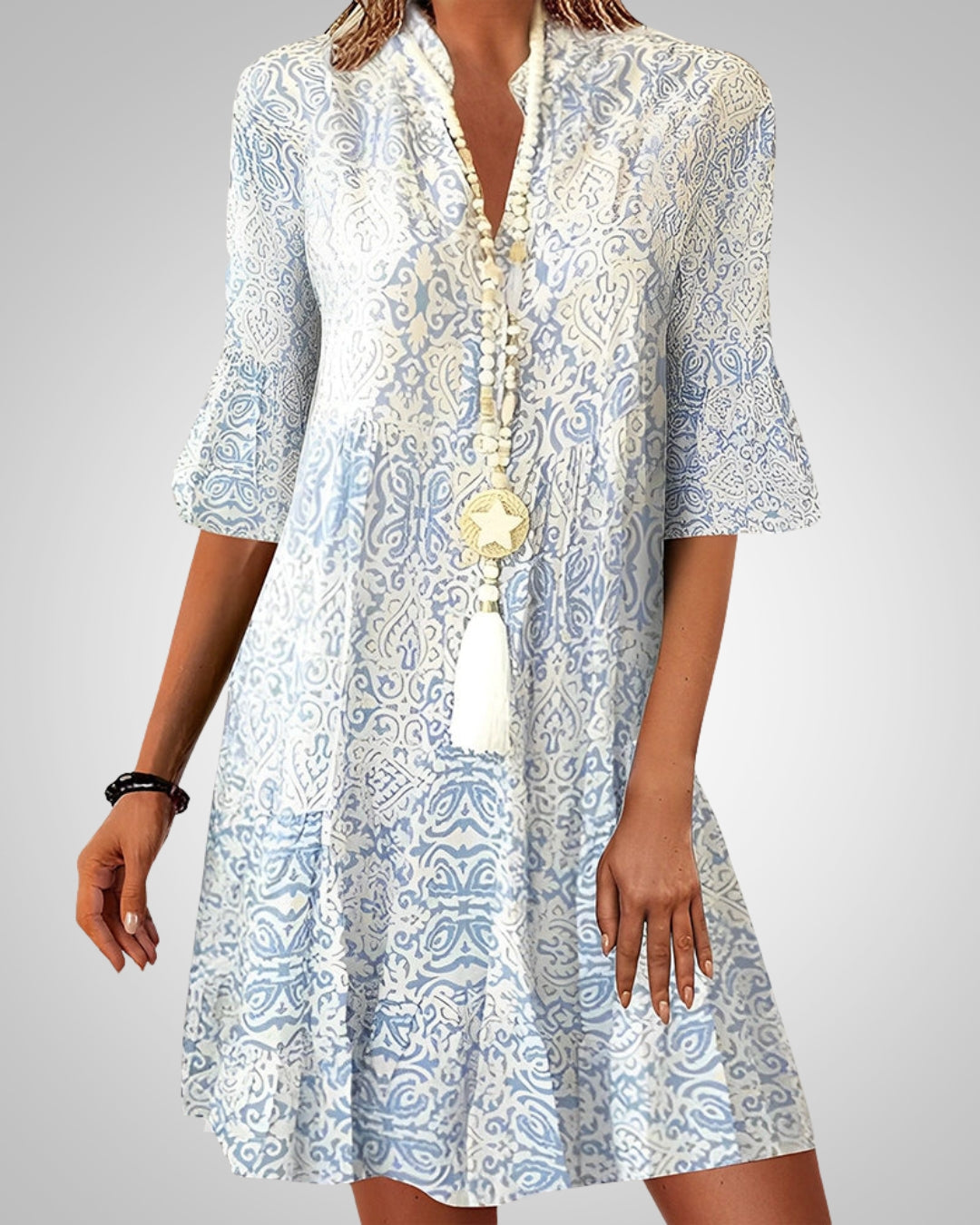 Women's Boho Print Dress with Flared Sleeves and V-Neck - Blue