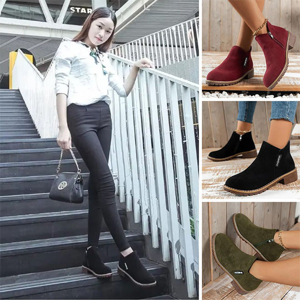 Women's Ankle Boots with Low Heel and Side Zip - 5