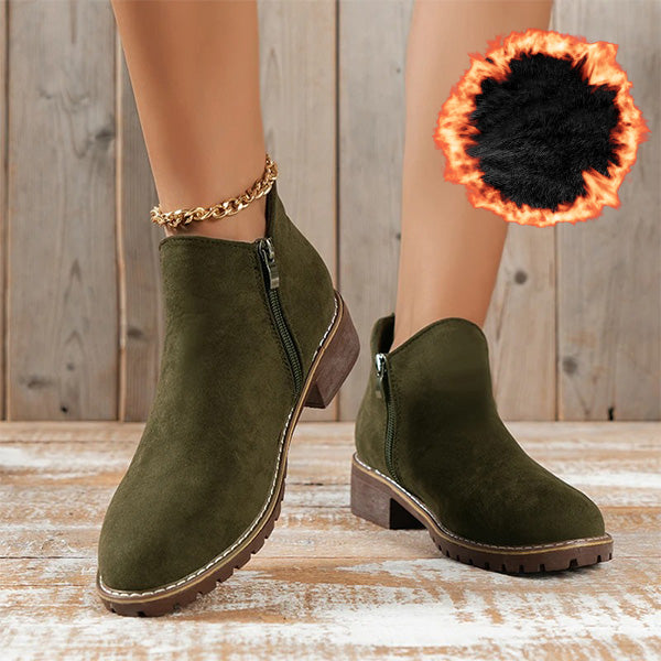 Women's Ankle Boots with Low Heel and Side Zip - Green