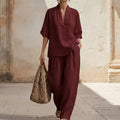Women's Two-Piece Set with Zip Neck Top and Wide-Leg Trousers - Burgundy