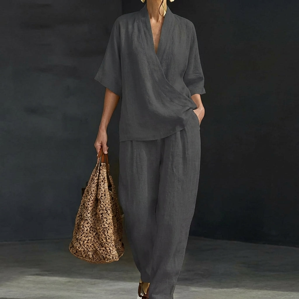Women's Two-Piece Set with Zip Neck Top and Wide-Leg Trousers - 5