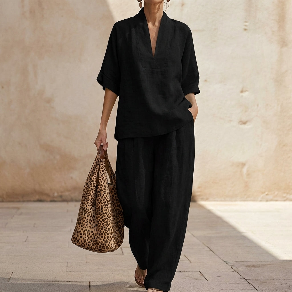 Women's Two-Piece Set with Zip Neck Top and Wide-Leg Trousers - Black