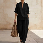 Women's Two-Piece Set with Zip Neck Top and Wide-Leg Trousers - Black
