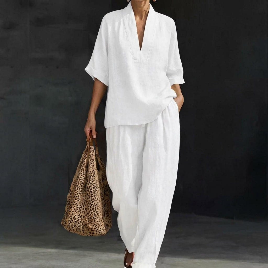 Women's Two-Piece Set with Zip Neck Top and Wide-Leg Trousers - White