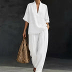 Women's Two-Piece Set with Zip Neck Top and Wide-Leg Trousers - White