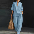 Women's Two-Piece Set with Zip Neck Top and Wide-Leg Trousers - Light Blue