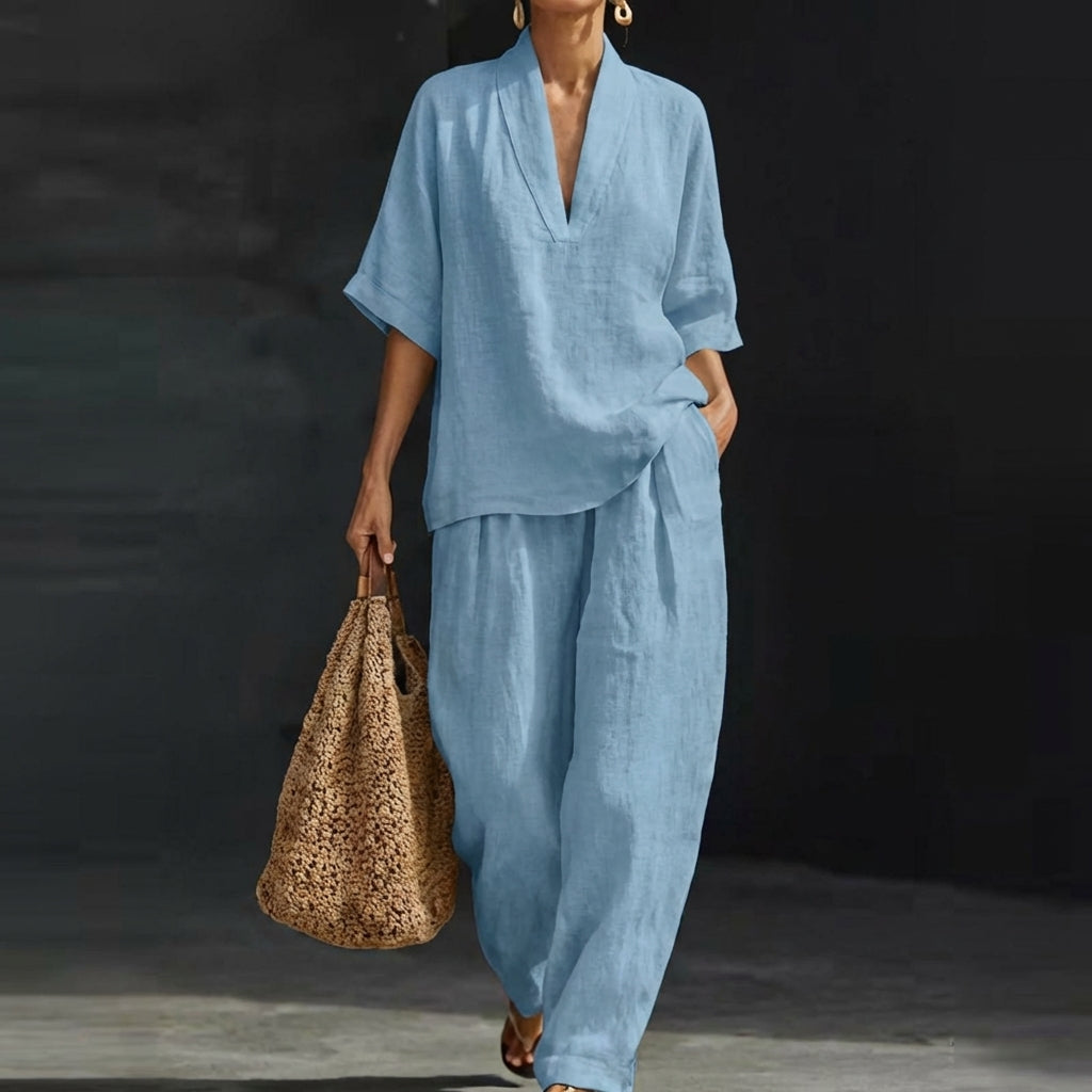 Women's Two-Piece Set with Zip Neck Top and Wide-Leg Trousers - Light Blue
