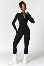 Women's Fleece Lined Jumpsuit with Zip Neckline and Long Sleeves - Black