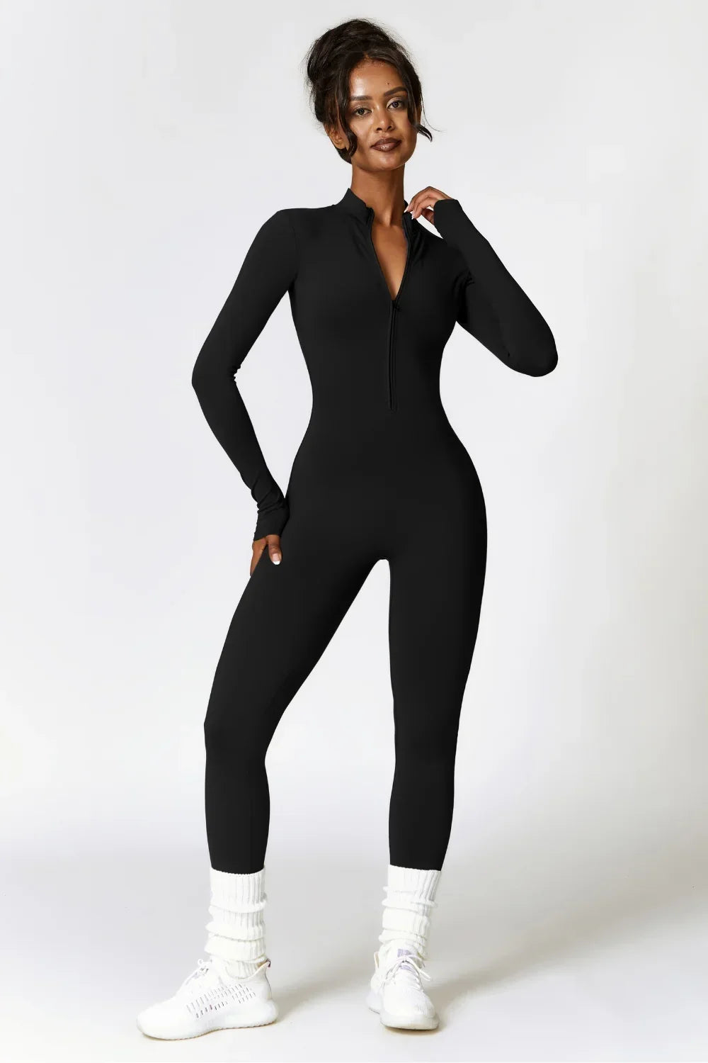 Women's Fleece Lined Jumpsuit with Zip Neckline and Long Sleeves - Black