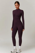 Women's Fleece Lined Jumpsuit with Zip Neckline and Long Sleeves - Aubergine