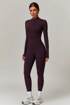 Women's Fleece Lined Jumpsuit with Zip Neckline and Long Sleeves - Aubergine