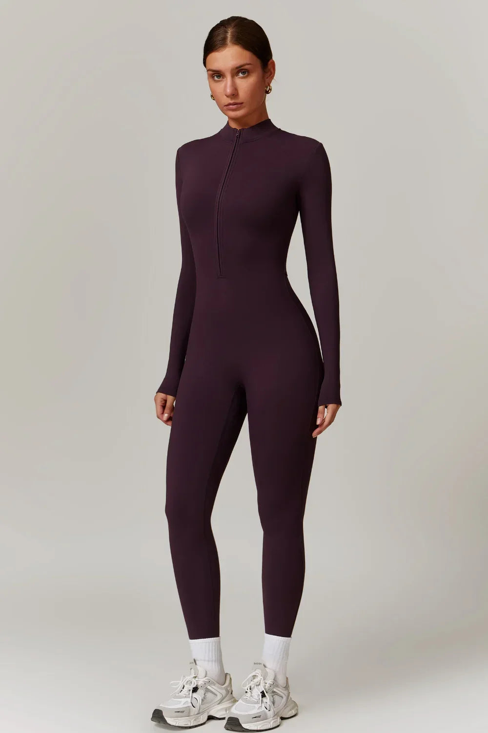Women's Fleece Lined Jumpsuit with Zip Neckline and Long Sleeves - Aubergine