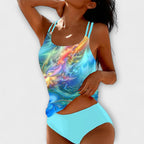 Women's Tankini Set with Double Straps and Printed Panel - Blue