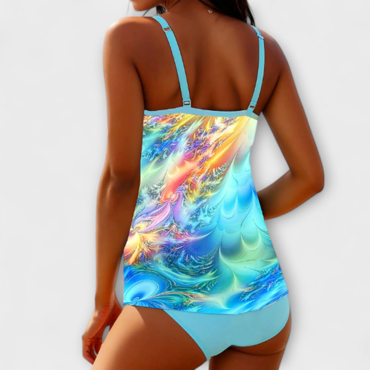 Women's Tankini Set with Double Straps and Printed Panel - 2