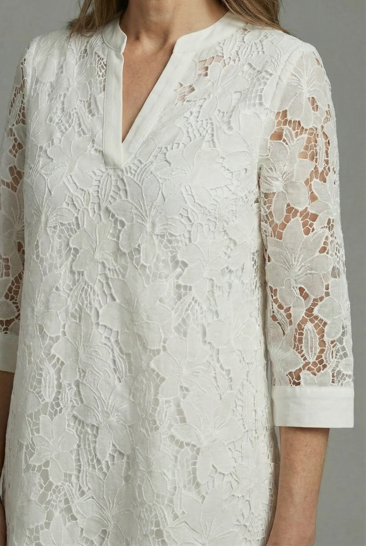 Women's Embroidered Lace Midi Dress with Relaxed Fit and V-Neck - 3