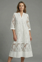 Women's Embroidered Lace Midi Dress with Relaxed Fit and V-Neck - White