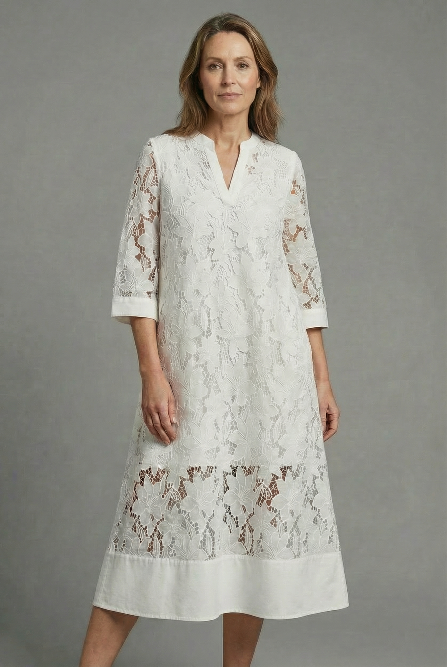 Women's Embroidered Lace Midi Dress with Relaxed Fit and V-Neck