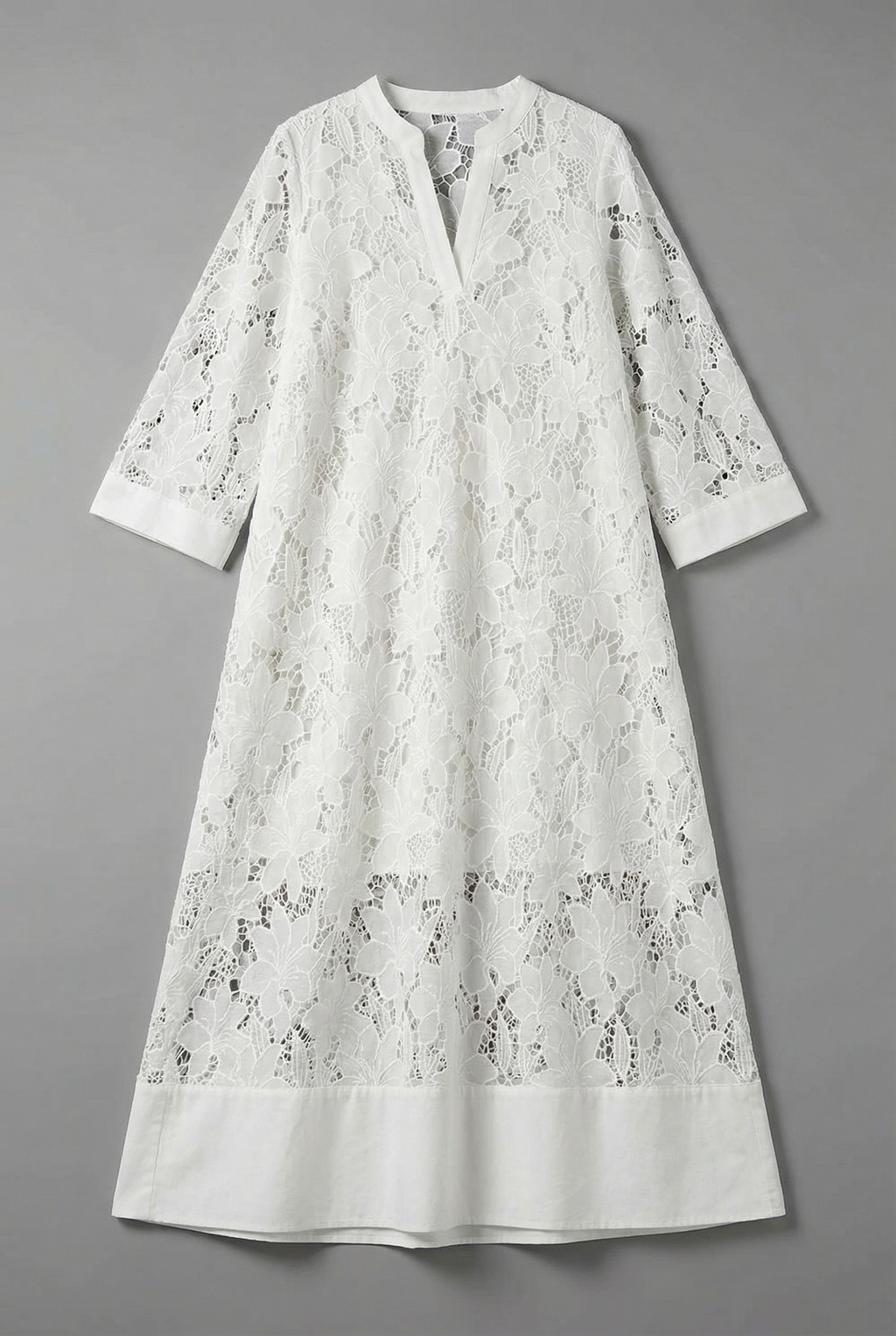 Women's Embroidered Lace Midi Dress with Relaxed Fit and V-Neck - 5