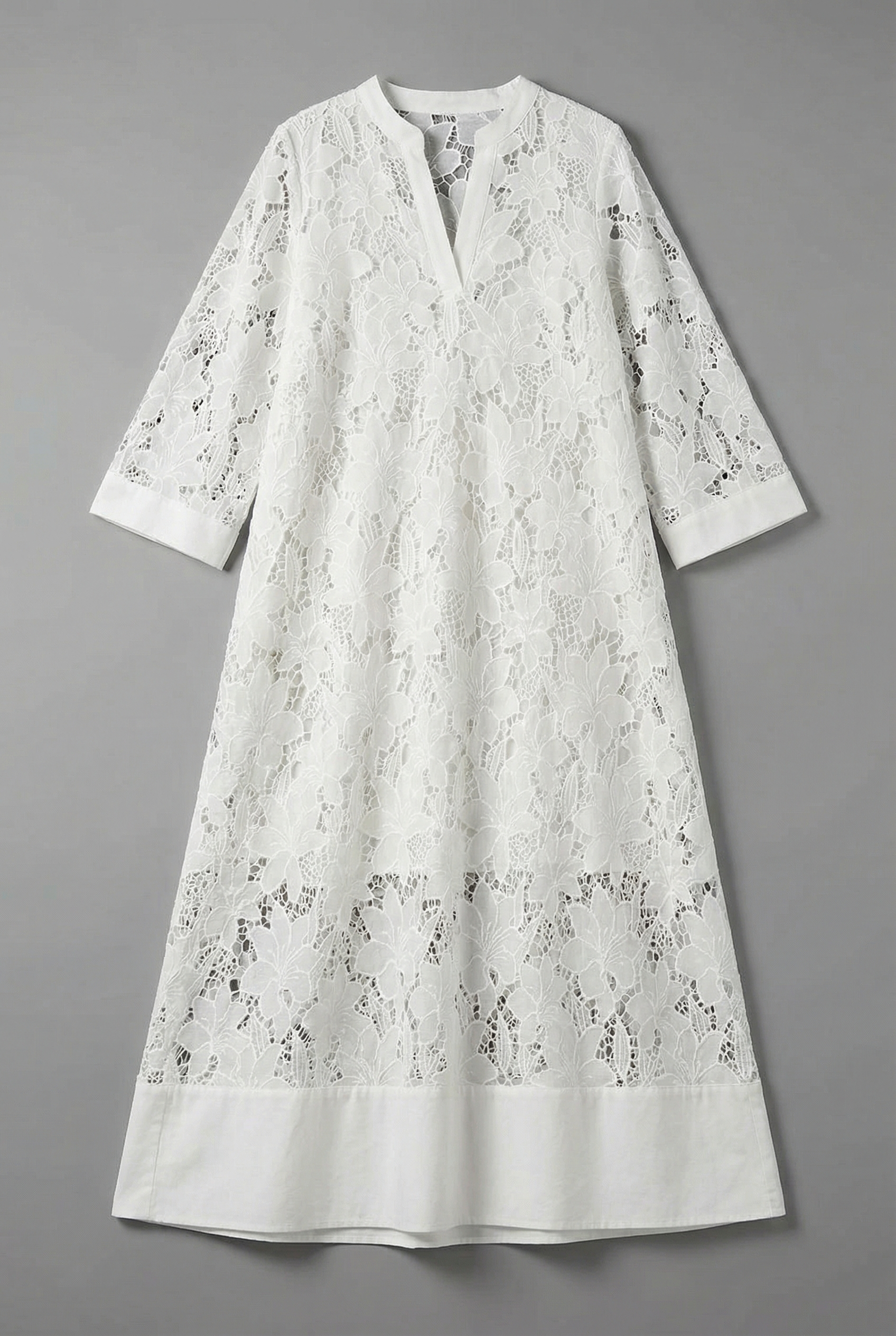 Women's Embroidered Lace Midi Dress with Relaxed Fit and V-Neck - 5
