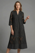 Women's Embroidered Lace Midi Dress with Relaxed Fit and V-Neck - Black