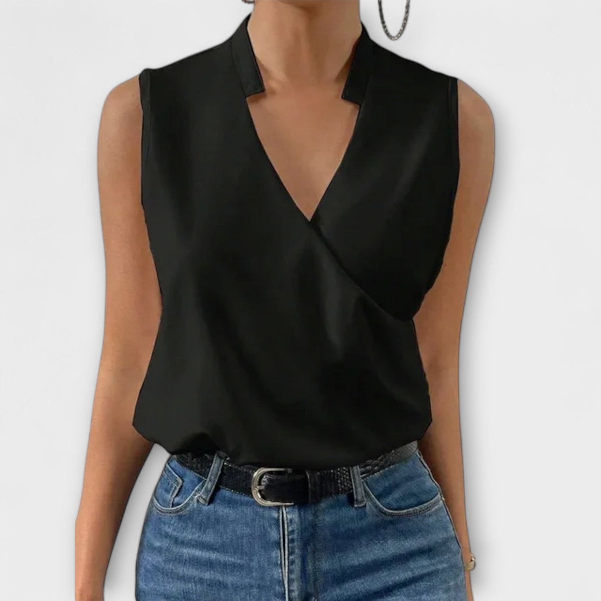 Women's Sleeveless Wrap Top with V-Neck - Black