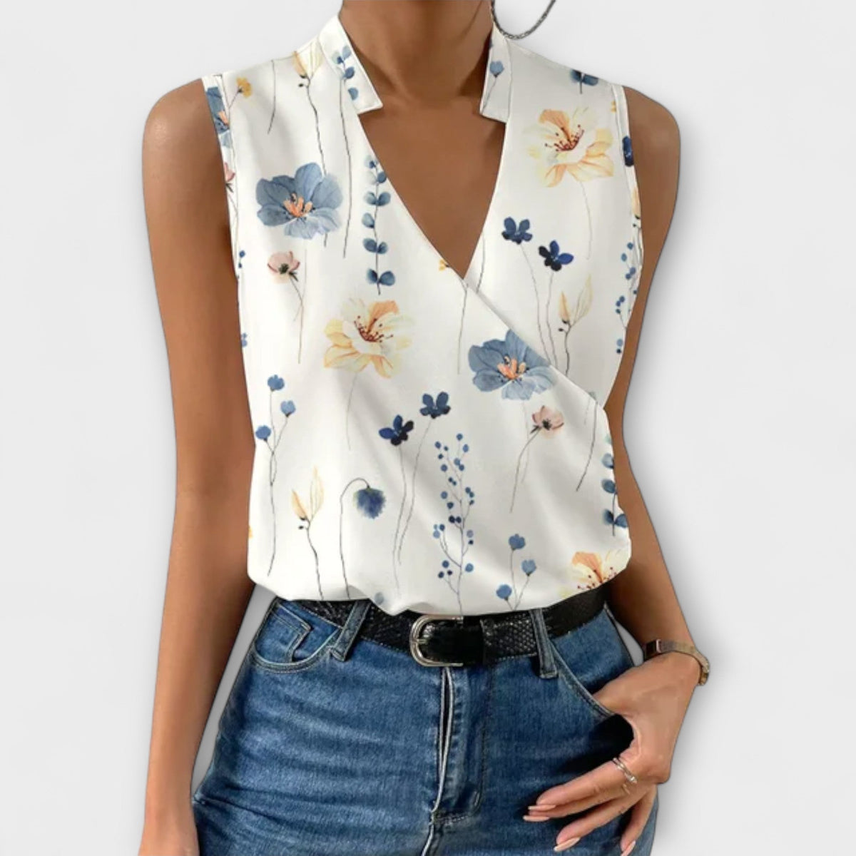 Women's Sleeveless Wrap Top with V-Neck - Floral 3
