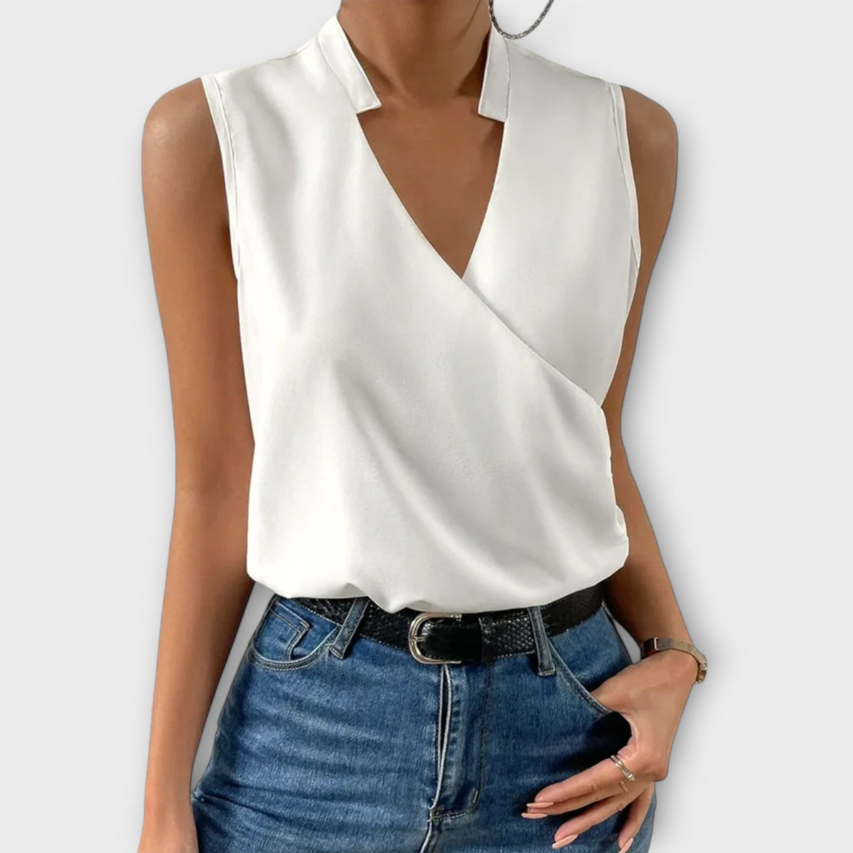 Women's Sleeveless Wrap Top with V-Neck - White