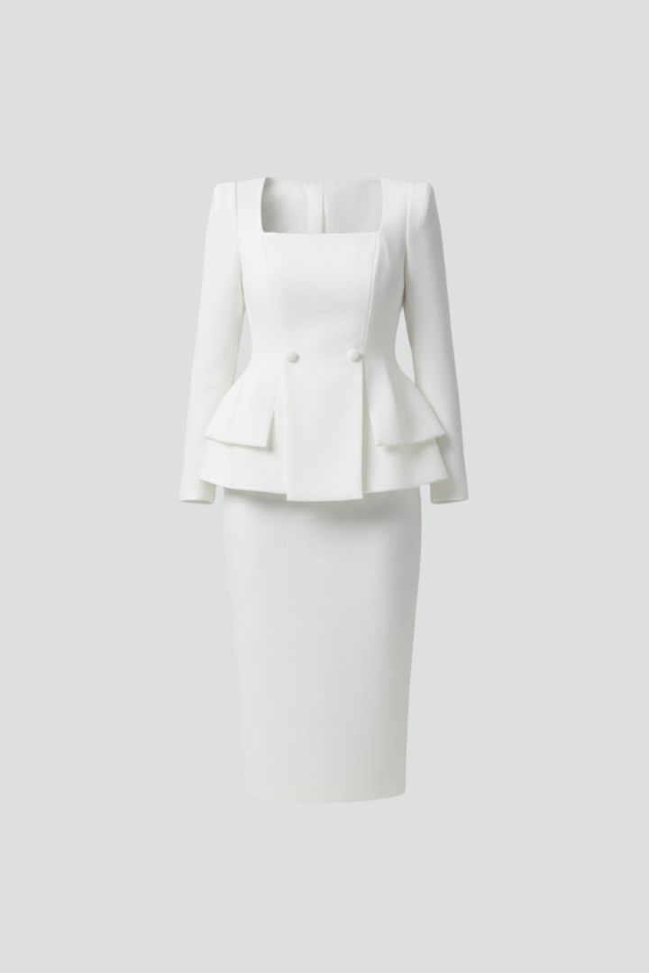 Women's Blazer and Skirt Suit with Square Neckline and Peplum Waist - 2