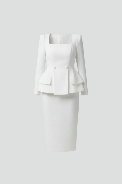 Women's Blazer and Skirt Suit with Square Neckline and Peplum Waist - 2