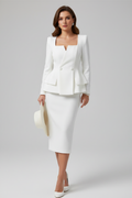 Women's Blazer and Skirt Suit with Square Neckline and Peplum Waist - White