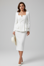 Women's Blazer and Skirt Suit with Square Neckline and Peplum Waist - White