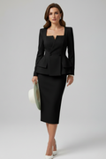 Women's Blazer and Skirt Suit with Square Neckline and Peplum Waist - Black